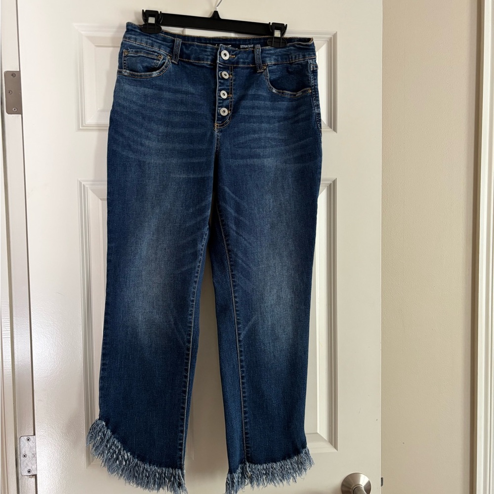 INC International Dark Blue Frayed Hem Straight Leg Jeans with button fly Sz 12